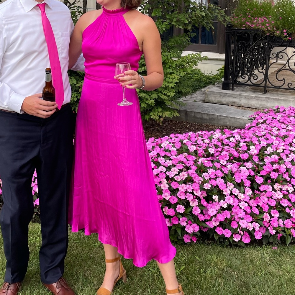 Hot pink high neck wedding guest dress